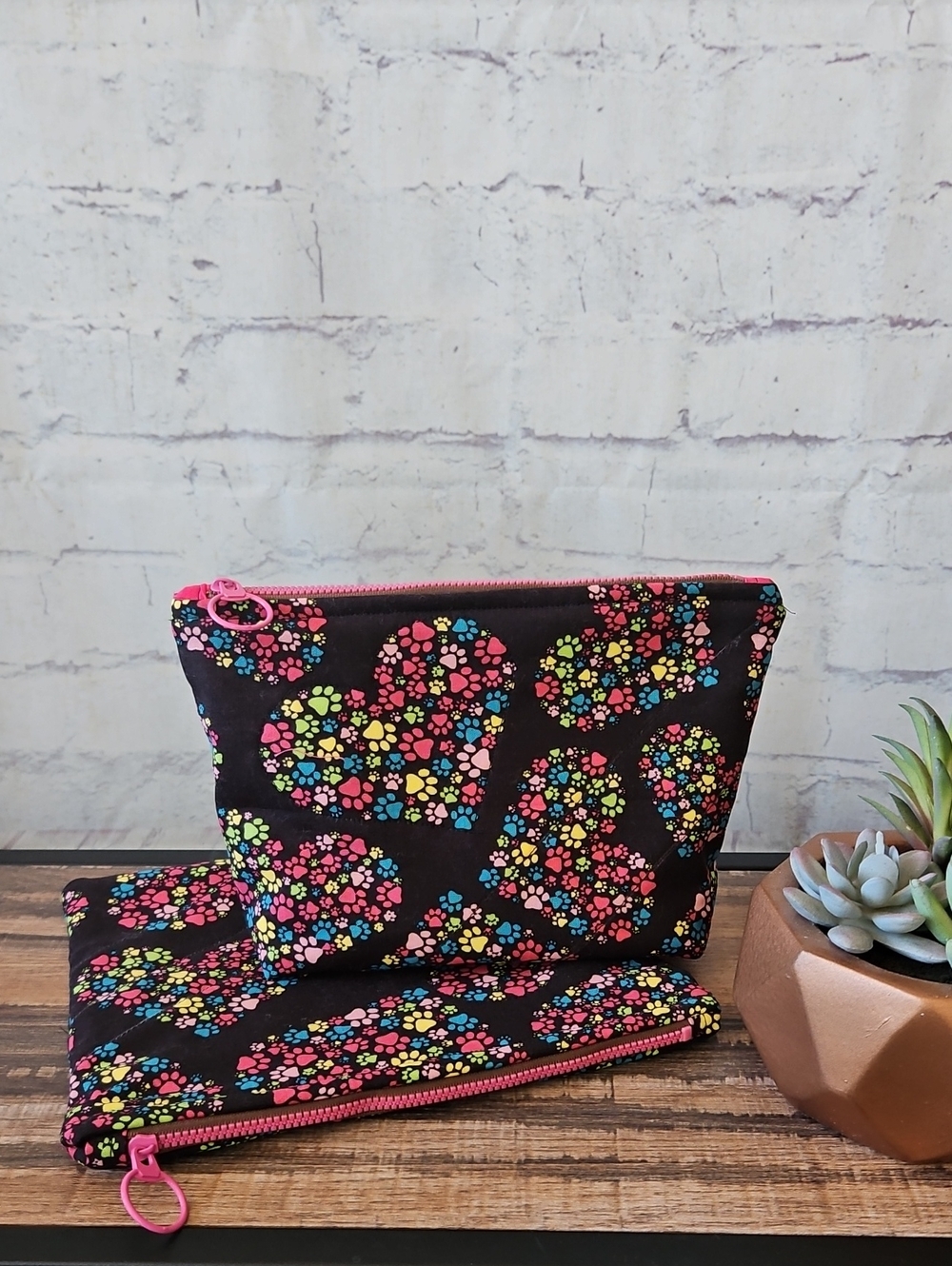 Handmade Quilted 8" Zipper Pouch Set Puppy Love Print